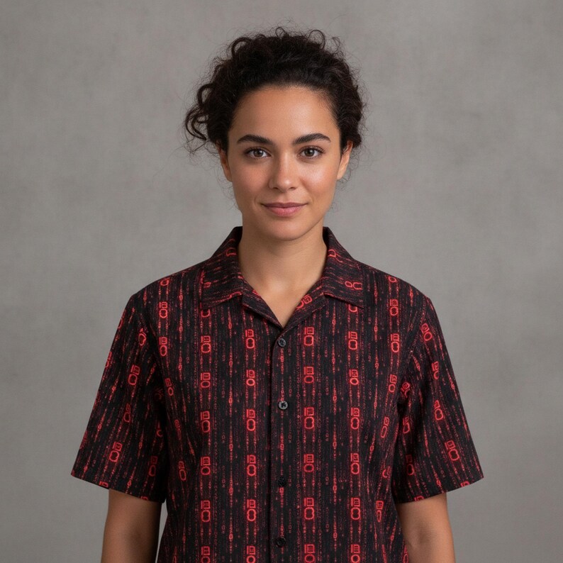 A woman in her 20s in software engineering showing off Binary Code Hawaiian Shirt, Cyberpunk Button Down, Digital Aloha Shirt, Hacker Button Up, Matrix Beach Top, Tech Noir Camp Collar