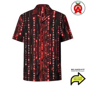 Camisa hawaiana Script, camisa unisex para adultos Byte, camisa de manga corta Bit, camisa abotonada de corte relajado con estampado integral Machine, corte relajado Pixel