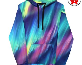 Aurora Borealis AOP Hoodie, Northern Lights Unisex Top, Night Sky Graphic Pullover, Stargazer Soft Sweater