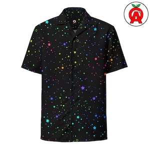 Colorful Stars Adult Unisex All-Over Button Up Shirt, Hawaiian Tropical Print, Summer Beach Wear, Vacation Outfit, Celestial Pattern Gift Up