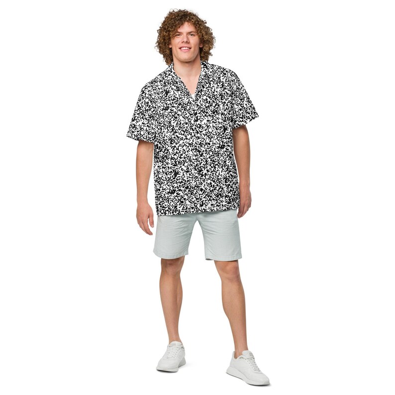 QR Code Barcode Data Matrix Pattern, Adult Unisex All-Over Relaxed Fit Button Up Hawaiian Shirt, Moisture Wicking UPF50+ Material, IT Gift