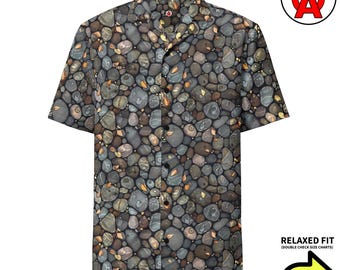 Camisa hawaiana con estampado de guijarros, camisa abotonada con diseño de rocas de río, camisa hawaiana con temática geológica, camisa abotonada con diseño de piedras, blusa playera con estampado de naturaleza, cuello para campamento al aire libre