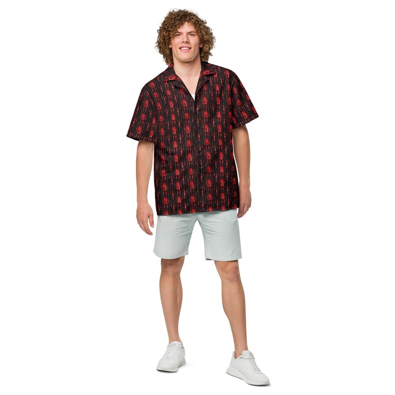 Binary Code Hawaiian Shirt, Digital Aloha Shirt, Cyberpunk Tropical Button Down, Hacker Oversized Beach Top, Tech Noir Button Up Resort Wear