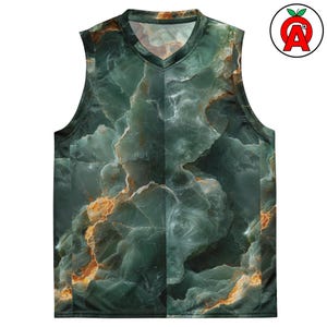 Green Jade Basketball Jersey, Gemstone Pattern Muscle Shirt, Stone Print Tank Top, Natural Mineral Aesthetic Active Wear