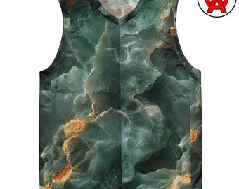 Green Jade Basketball Jersey, Gemstone Pattern Athletic Basketball Jersey, Stone Print Recycled Sport Tank