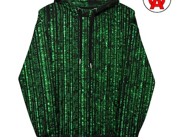 Modello con simboli binari del codice Matrix, felpa con cappuccio unisex per adulti, regalo per programmatori, hacker, giocatori, appassionati di tecnologia cyberpunk