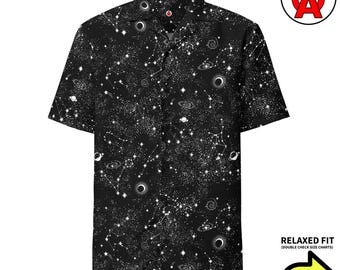 Celestial Skies Space Style, Space Art, Adult Unisex All-Over Relaxed Fit Button Up Hawaiian Shirt, Moisture Wicking UPF50+ Material, Gift