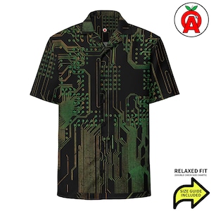 Circuit Board Pattern, Adult Unisex All-Over Relaxed Fit Button Up Hawaiian Shirt, Moisture Wicking UPF50+ Material, Computer Engineer Gift