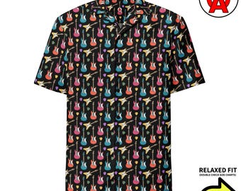 Chemise hawaïenne pour guitaristes, Chemise Aloha électrique, Chemise de camp pour guitaristes, Chemise boutonnée pour festivals de musique, Haut de plage pour musiciens