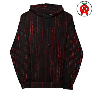 Peut inclure: Sweat à capuche noir avec un motif de points rouges. Le sweat à capuche est doté d'une capuche à cordon de serrage et d'une poche avant. Le motif est une série de lignes verticales de points rouges sur fond noir.