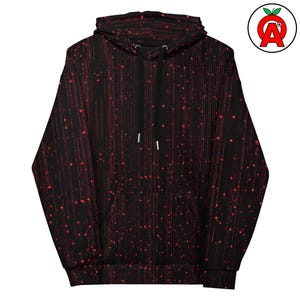 Peut inclure: Sweat à capuche noir avec un motif rouge à pois et à rayures. Le sweat à capuche a une poche avant, une capuche à cordon et un logo dans le coin supérieur droit. Le motif est une série de lignes et de points verticaux.