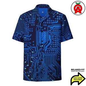 Hawaiiaans shirt met printplaatmotief, overhemd met knoopsluiting voor elektronica, Aloha-shirt voor techneuten, shirt voor geekkampen, strandtop voor programmeurs, resortkleding voor programmeurs