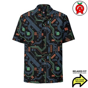 PC Circuit Board Hawaiian Shirt Button Down, Neon Glow Aloha Shirt, Tech Print Camp Shirt, Engineer Button Up, Computer Science Beach Top