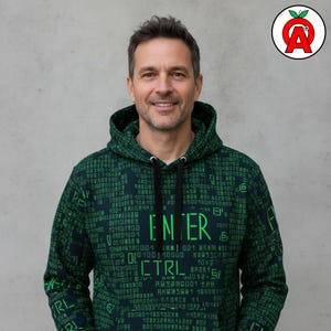 A middle-aged man with tech startup founder energy showing off Programming Code AOP Hoodie, Binary Pattern Unisex Top, Developer Graphic Pullover, Coder Soft Sweater
