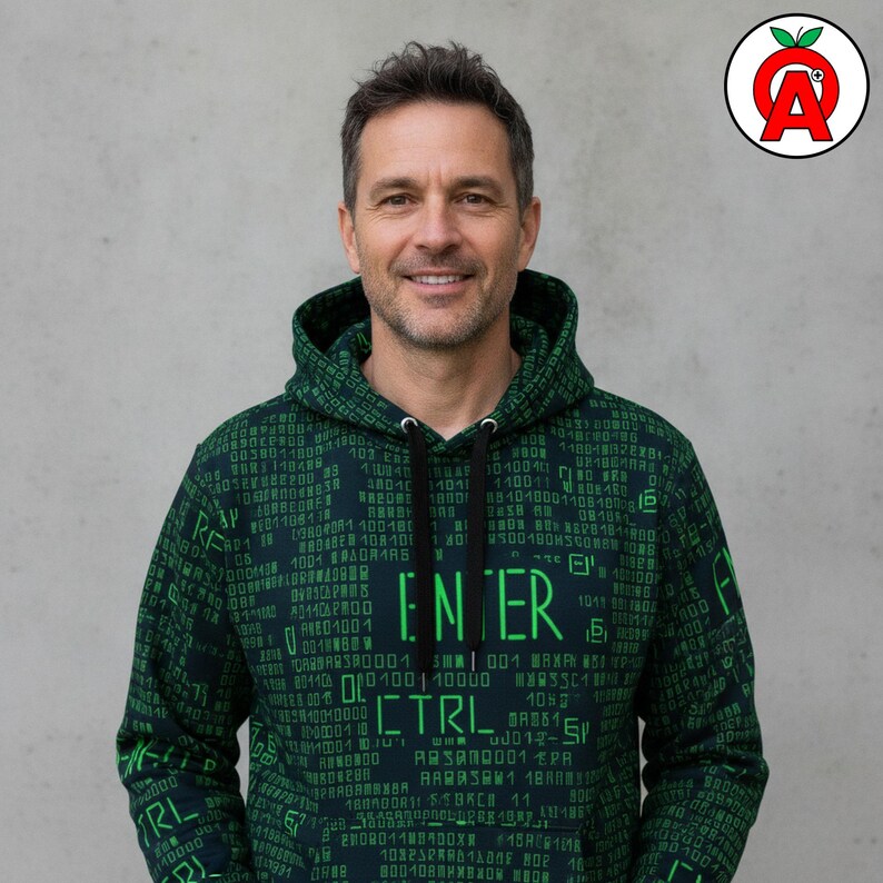 A middle-aged man with tech startup founder energy showing off Programming Code AOP Hoodie, Binary Pattern Unisex Top, Developer Graphic Pullover, Coder Soft Sweater