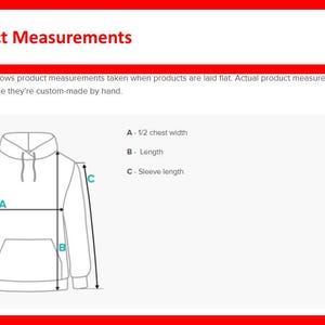 May include: Diagram showing product measurements for a hoodie. The image features a hoodie with lines indicating measurements for half chest width, length, and sleeve length. Text at the top reads "Product Measurements".