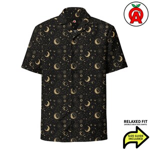 Himmlische Konstellationen Erwachsene Unisex All-Over-Shirt, Galaxie Sterne Mond Astrologie Hawaii-Shirt, Kosmischer Druck Tropisches Shirt Up