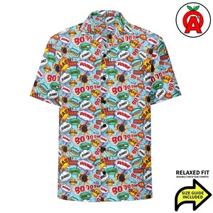Superhero Sayings Button Down, All Over Print Unisex Shirt, Moisture Wicking, Breathable Fabric, UPF50 Plus Protection