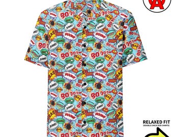 Superhero Sayings Hawaiian Shirt Button Down, Pop Art Aloha Shirt, Comic Book Camp Shirt, Retro Action Button Up, Geek Beach Top