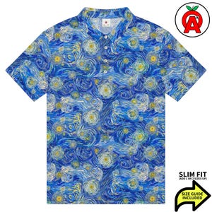 Starry Night Polo Shirt, Van Gogh Slim Fit, Art Golf Shirt, Museum Tennis Top, Paint Athletic Shirt, Gogh Short Sleeve, Master Stretch Fit
