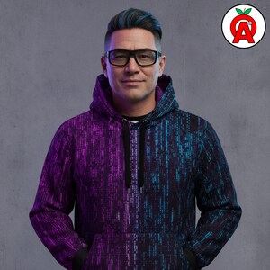A middle-aged male it professional with cyberpunk styling showing off Matrix Binary Code AOP Hoodie, Computer Programming Unisex Top, Cyberpunk Graphic Pullover, Tech Pattern Soft Sweater