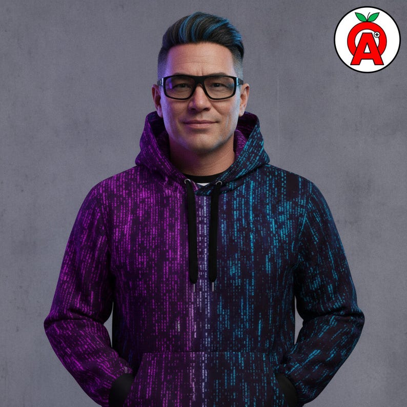 A middle-aged male it professional with cyberpunk styling showing off Matrix Binary Code AOP Hoodie, Computer Programming Unisex Top, Cyberpunk Graphic Pullover, Tech Pattern Soft Sweater