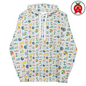 以下が含まれることがあります： カラフルなグラフ、グラフ、円グラフの繰り返し模様が施された白いフード付きスウェットシャツ。デザインには、黄色、青、緑、オレンジの要素が含まれています。フード付きスウェットシャツには、ドローストリングとフロントポケットが付いています。