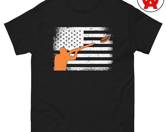 Camiseta de tiro al plato con bandera estadounidense, unisex para adultos, regalo para entusiastas del tiro al plato, platos deportivos para skeet, ropa patriótica de tiro