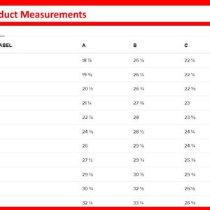 Op de afbeelding: Een productmetingstabel met de titel "Product Measurements" in een rode banner. De tabel geeft maatlabels weer van 2XS tot 6XL, met metingen in inches voor A, B en C. De tabel staat op een witte achtergrond.