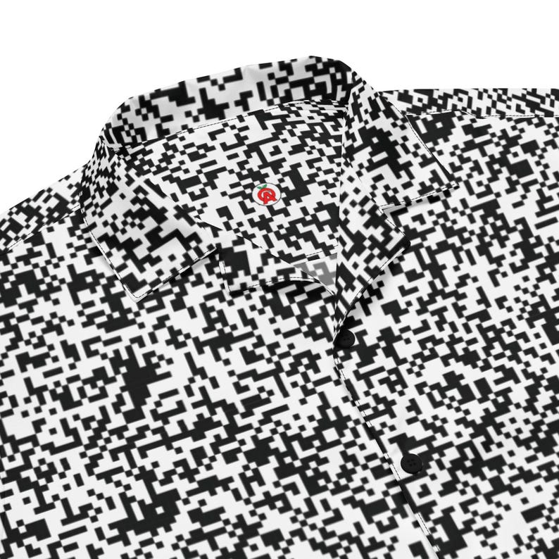 QR Code Barcode Data Matrix Pattern, Adult Unisex All-Over Relaxed Fit Button Up Hawaiian Shirt, Moisture Wicking UPF50+ Material, IT Gift