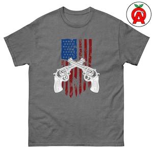 愛国者のためのアメリカ国旗リボルバーシャツ、大人用ユニセックスクラシックシャツ、2AグラフィックTシャツ、隠し携帯、ミリタリーギフト、銃器プライド