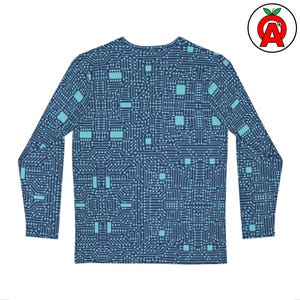 Op de afbeelding: Marineblauwe longsleeve met een lichtblauw printplaatpatroon. Het ontwerp bedekt het hele shirt, inclusief de mouwen. Het shirt heeft een ronde hals en is gemaakt van een zacht materiaal.