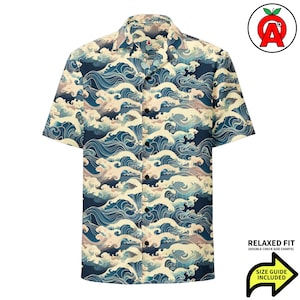 Camisa hawaiana con arte de olas japonesas, unisex, holgada, con botones, para adultos, ideal para playa, estilo surfero artístico.