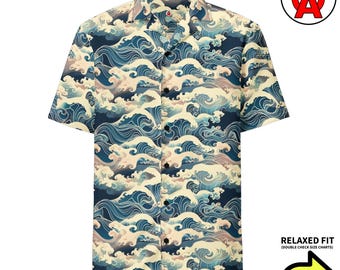 Japanische Wellenkunst Hawaii-Hemd, Erwachsene Unisex All-Over Relaxed Fit Button-Up Shirt, Ocean Lover Beach Wear, Künstlerischer Surf-Stil Button Up