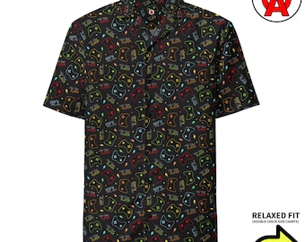 Video Game Console Controller Pattern, Men's Hawaiian Shirt, Adult Unisex All-Over Relaxed Fit Button Up, Moisture Wicking UPF50+ Gift