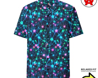 AI Neural Network Hawaiian Shirt, Digital Synapse Aloha Shirt, Cyberpunk Button Down, Tech Pattern Beach Top, Neon Nodes Vacation Shirt