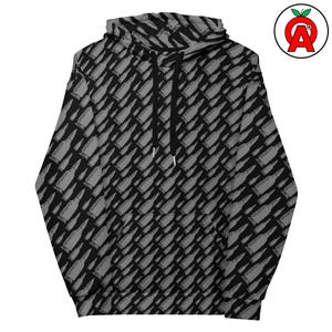 May include: Black hoodie with a repeating pattern of gray bullets. The hooded sweatshirt has a drawstring and a kangaroo pocket. The design covers the entire garment, creating a bold and graphic look.