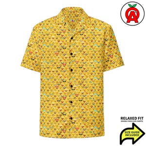 Smiley Face Hawaiian Shirt, Emoji Button Down, Emoticon Aloha Shirt, Pop Art Camp Shirt, Retro Beach Top, 90s Vacation Wear