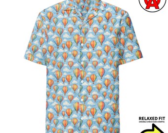 Heißluftballon-Showmuster, Unisex für Erwachsene, entspannte Passform, Hawaiihemd mit Knöpfen, Feuchtigkeitstransport, atmungsaktiver Stoff, UPF50