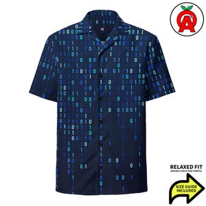 Matrix Binary Code Pattern, Adult Unisex All-Over Relaxed Fit Button Up Hawaiian Shirt, Moisture Wicking UPF50+ Material, Coders Hackers Gee