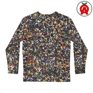May include: A long-sleeved shirt featuring a complex pattern of small, cylindrical objects in a variety of colours, including red, blue, yellow, and white, set against a dark backdrop. The shirt has a crew neck and long sleeves.