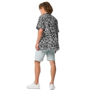 QR Code Barcode Data Matrix Pattern, Adult Unisex All-Over Relaxed Fit Button Up Hawaiian Shirt, Moisture Wicking UPF50+ Material Tech Gift