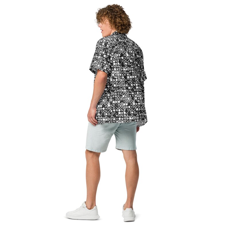 QR Code Barcode Data Matrix Pattern, Adult Unisex All-Over Relaxed Fit Button Up Hawaiian Shirt, Moisture Wicking UPF50+ Material Tech Gift