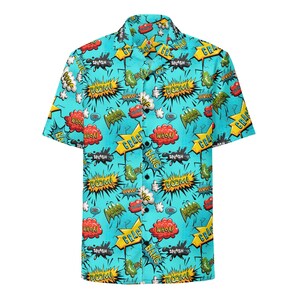 Comic Book Sound Onomatopoeia Pattern, Adult Unisex All-Over Relaxed Fit Button Up Hawaiian Shirt, Soft Cotton Feel, Moisture Wicking