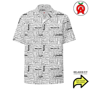 Major Cities Travel Hawaiian Shirt, Urban Skyline Button Down, Architecture Grid Aloha Shirt, Travel Pattern Button Up, City Break Beach Top