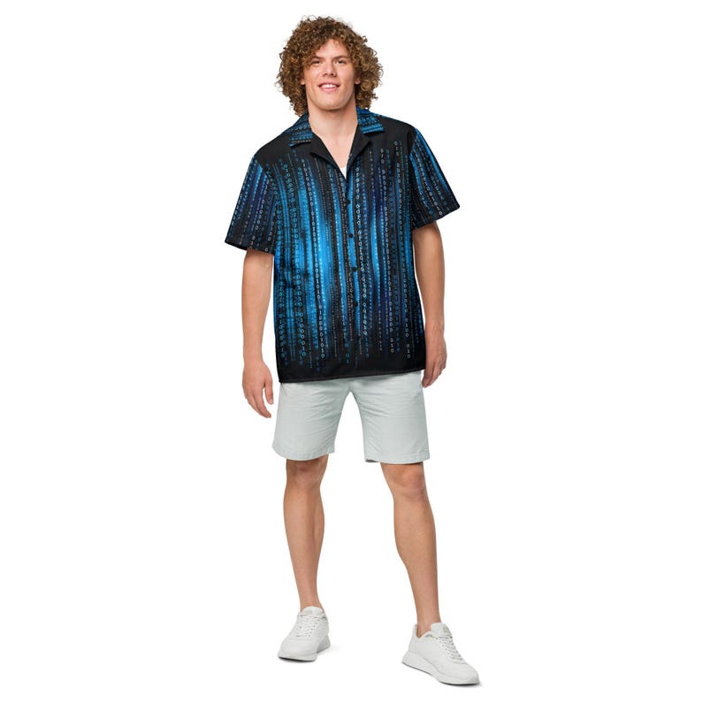 Matrix Code Binary Programming, Adult Unisex All-Over Relaxed Fit Button Up Hawaiian Shirt, Moisture Wicking UPF50+ Material, Developer Gift