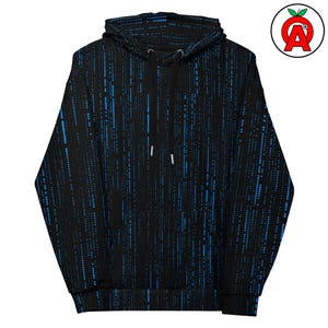 Peut inclure: Sweat à capuche noir avec un motif à pois bleus. Le motif présente des lignes verticales de points bleus, créant un effet de pluie numérique. Le sweat à capuche a une capuche à cordon et une poche avant.