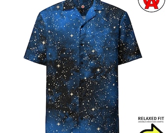 Chemise Homme Manches Longues Motif Chauves-souris Ciel étoilé - 100% Polyester, Col V, Coupe Décontractée, Bleu Nuit