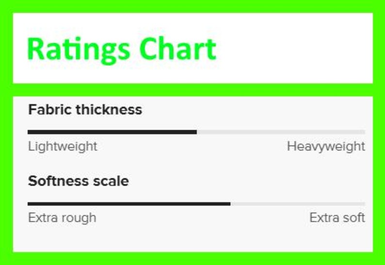 May include: A green-bordered graphic with the text "Ratings Chart." Below, sliders indicate fabric thickness, ranging from lightweight to heavyweight, and a softness scale from extra rough to extra soft.