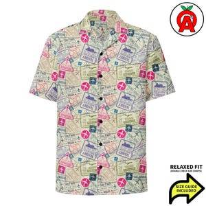 Camisa hawaiana unisex para adultos, de corte holgado y abotonada, con estampado de visa de viajero y sellos de entrada internacional.
